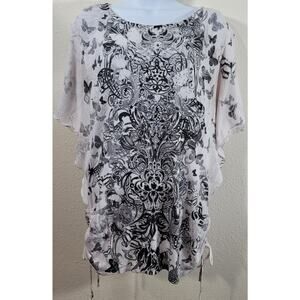 Style & Co White Black Gray Floral Butterflies Sequin Top Large Batwing Sleeves